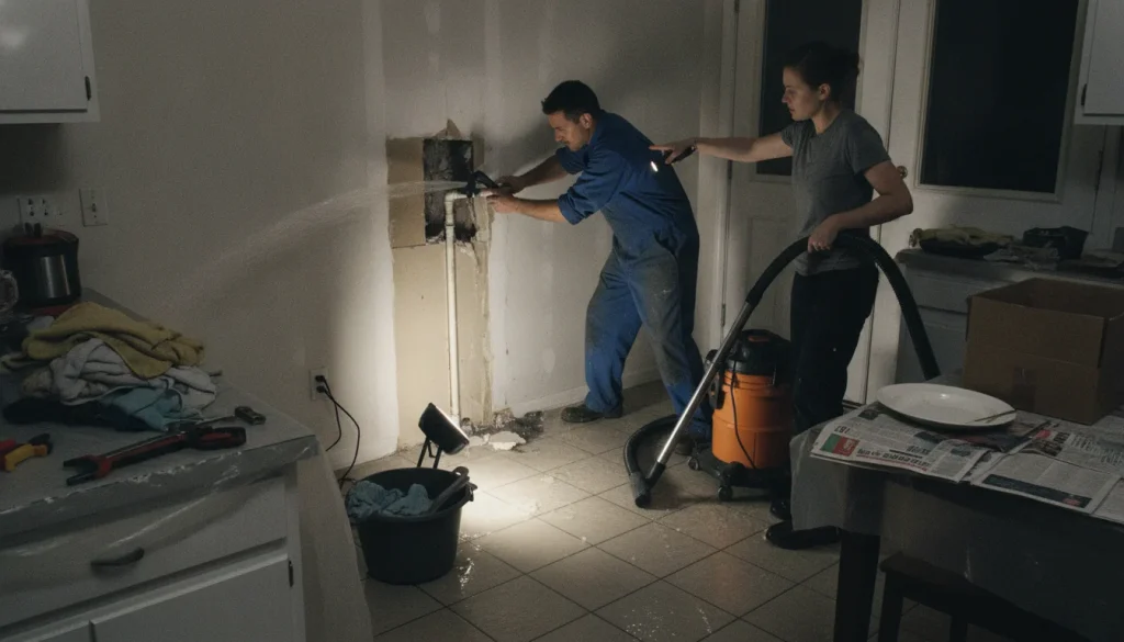 Hero image for Rockford Plumbing: technician inspecting a burst pipe in a modern Rockford service setting