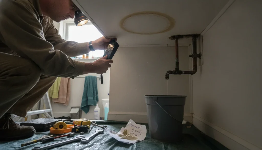 Hidden water leak signs on walls, floors, or ceilings in a Rockford home—stains near bathrooms or vent stacks