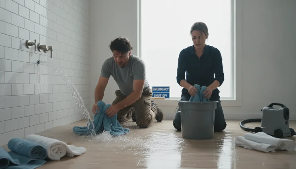 Burst bathroom pipe with water on floor, people mopping with towels — Rockford Plumbing guide